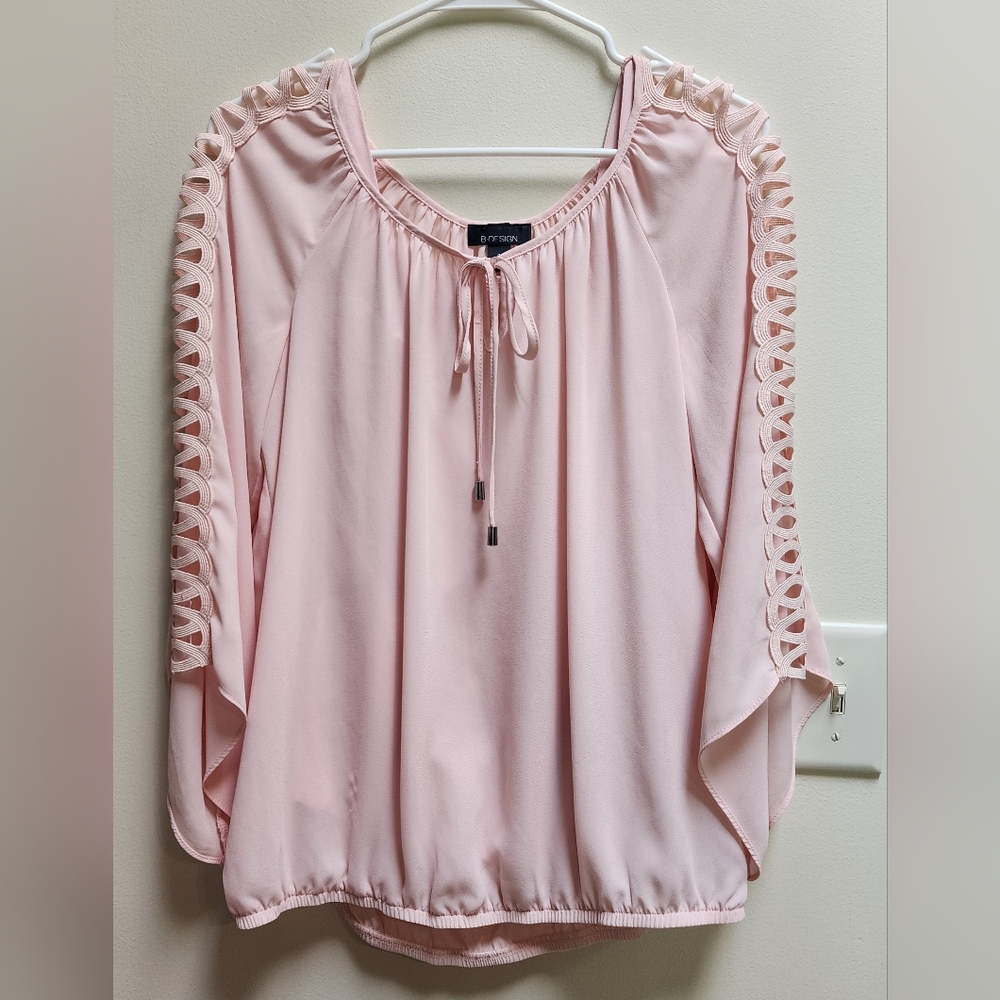 Women's Pink B-Design, 3/4 Lattice Trim Sleeve, Sheer Blouse/Top Size Small